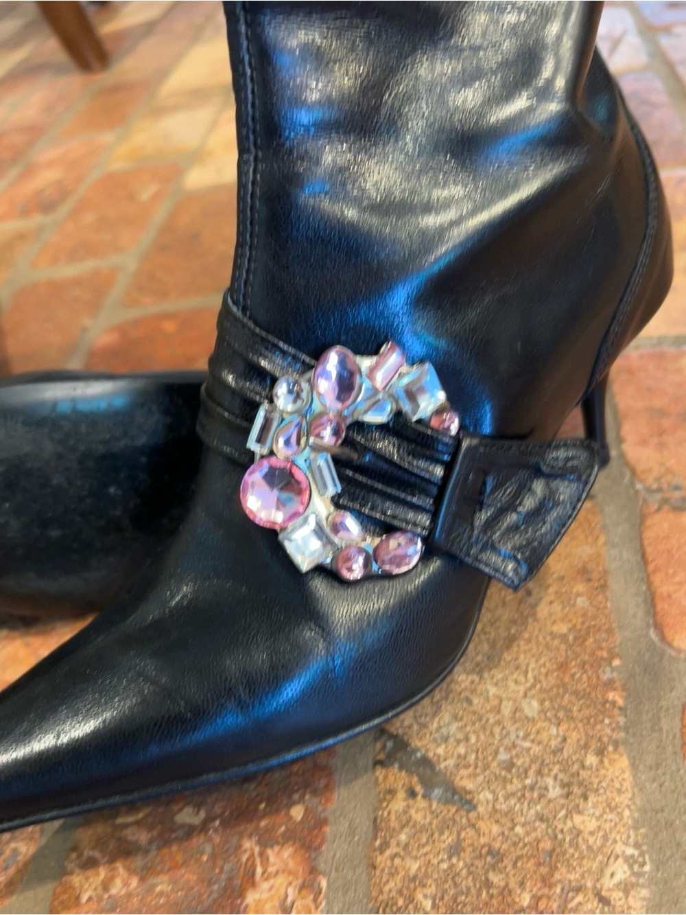 Black Women's knee high Boots with Pink Crystal Buckle